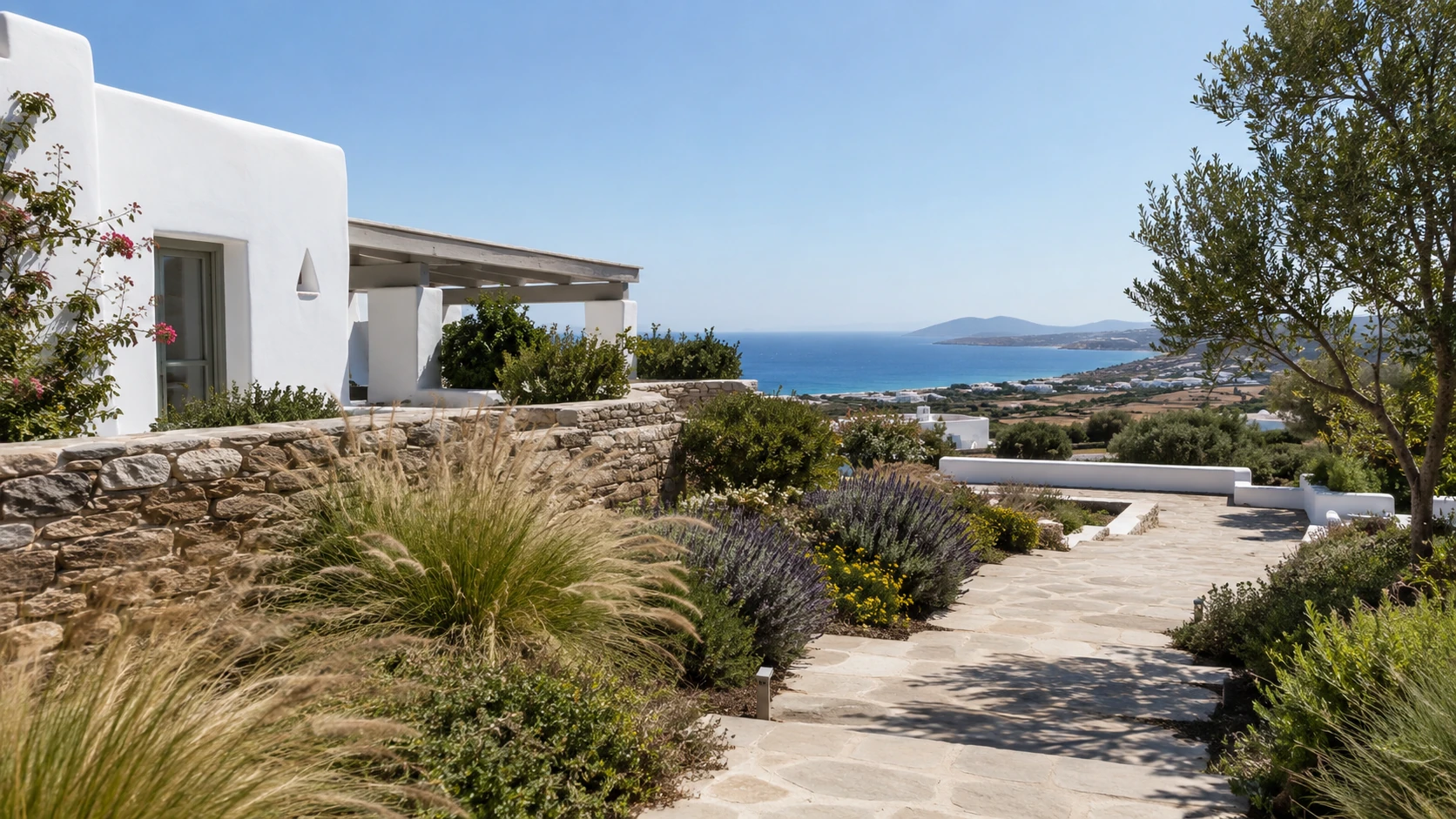 Cycladic property and Mediterranean garden overlooking the sea